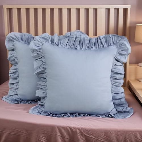 Lemfux Couch Pillow Covers Blue Ruffle Euro Pillow Shams,Set of 2, 24x24 Inch Cotton Decorative Pillowcases Shabby Chic Pillow Cases Pillow Cover Standard Size Coquette Pillow Covers - Haze Blue - 24" x 24" (Pack of 2) - Image 1