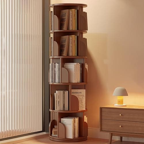 Revolving Bookcase, Rotating Bookshelf Tower, 360° Display Standing Book Shelf Organizer, Freestanding Wooden Corner Bookshelves Storage Rack for Small Space, Living Room, Bedroom (5-Tier) thumbnail 2