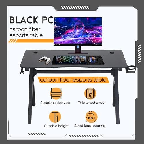 BestOffice | 47" Gaming Desk | Blue | Carbon Fiber Textured Computer Desk | Sturdy Steel Frame, Cup Holder, Headphone Hook, Cable Management Holes, Adjustable Leg Pads | for Gamers, Home, Office thumbnail 4