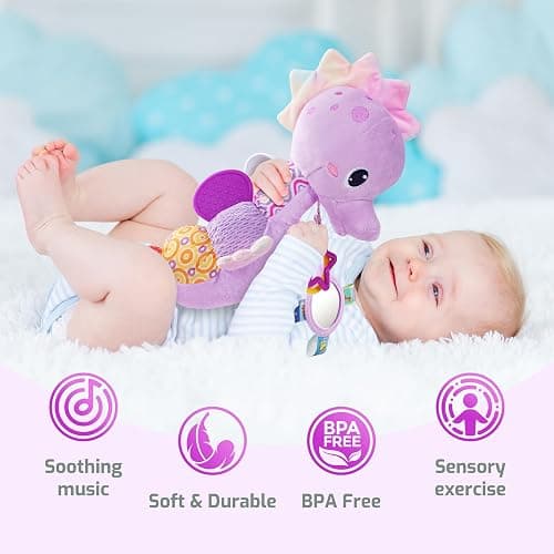 Sumobaby Infant Baby Musical Stuffed Animal Activity Soft Toys with Multi-Sensory Crinkle, Rattle and Textures, for Tummy Time Newborn 0-3-6-12 Months Girls,Seahorses - Purple with Baby Mirror thumbnail 6