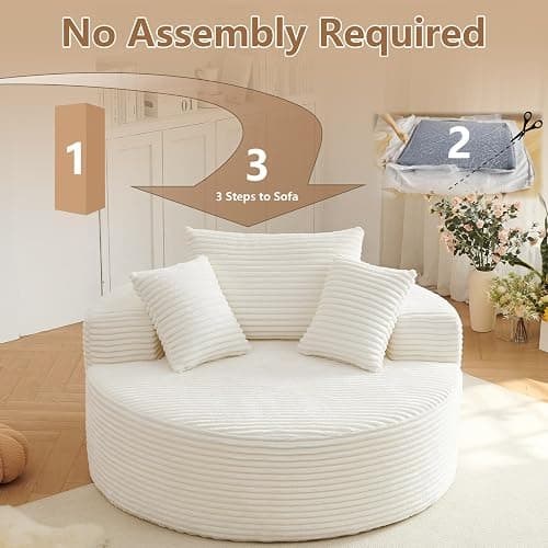 Oversized Round Chair Lounge Chaise Indoor, Upholstered Corduroy Deep Seat Cloud Large Circle Sofa Chair, No Assembly Required, Fluffy Modern Sleeper Sofa Bed for Reading, Living Room, Bedroom, White thumbnail 3