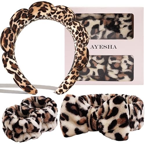 Ayesha Spa Headband and Wristband Set for Skincare Washing Face,6pcs Cheetah print Makeup Headband Wrist Cuffs for Preppy Skincare Teen Girl Women - Image 1