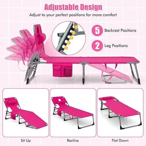 Goplus Tanning Chair, Folding Adjustable Patio Lounge Chair with Face Hole, Removable Pillow, 330LBS, Carry Strap, Outdoor Sunbathing Chair, Lightweight Portable Beach Lounge Chair, No Assembly thumbnail 4