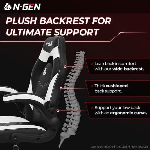 N-GEN Video Gaming Computer Chair Ergonomic Desk Office Chair for Adults with Lumbar Support Flip-Up Arms Adjustable Height Swivel Wheels PU Leather Executive Design for Home and Office (White) - White thumbnail 4