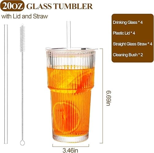 Snextek 20oz Glass Tumblers with Lids and Glass Straws, Thickened for Iced Coffee, Smoothies,Cocktails and Juices-Elegant Durable for Home, Office,Travel (Clear) thumbnail 4