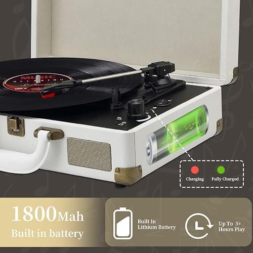JORLAI Record Player 3 Speeds Turntable with Bluetooth Built-in Battery Stereo Speakers Vintage Record Player Belt Driven Portable Suitcase PC Recording White thumbnail 3