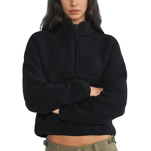 Yioaga Womens Fleece Half Zip Pullover Fuzzy Sherpa Jacket with Pockets | Soft Fuzzy Sherpa Fleece, Half‑Zip Mockneck, Cropped Long Sleeve, Drop Shoulder, Side Zip Pockets, Casual Warm Women Pullover - Image 1