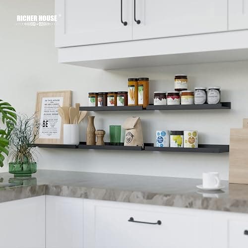 RICHER HOUSE 5 Set Floating Wall Mounted Shelves, Black Shelves for Wall Decor, Modern Picture Ledge Shelf with Lip for Storage, Nursery, Bedroom, Living Room, Bathroom - Black thumbnail 8