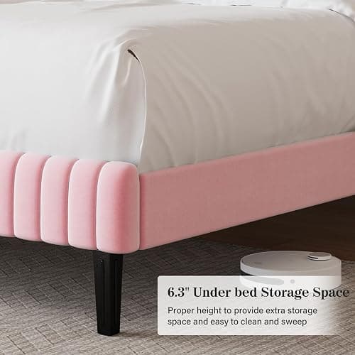 BarnFurin Full Size Bed Frame with Adjustable Headboard, Velvet Upholstered Platform Bed with Vertical Channel Tufted Design, No Box Spring Required, Easy Assembly, Pink thumbnail 5
