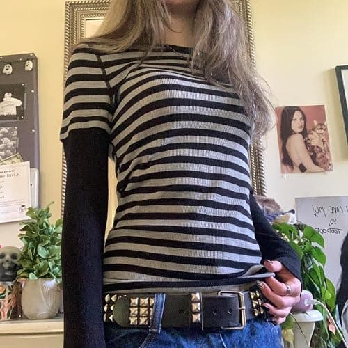 Barbotimer Womens Y2k Striped Shirt Fairy Grunge Baggy Long Sleeve Tops | Stylish Off Shoulder Slim Fit T-Shirts Vintage Aesthetic Alt Emo Gothic Clothes 2000s Harajuku Teens Girls Tee Top Streetwear thumbnail 2