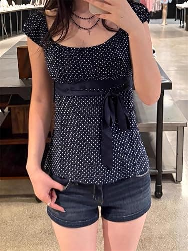 VnimVinter Women Fairy Grunge Y2k Babydoll Shirt Cap Sleeve Micro Polka Dot Tie Back Flowy Babydoll Top Preppy Clothes thumbnail 5