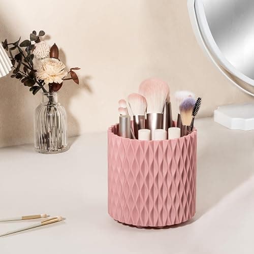 Anyoifax Makeup Brush Holder Organizer 361°Rotating Make Up Brushes Container for Vanity, Spinning Cosmetics Storage Cup, Ripple Pink thumbnail 2