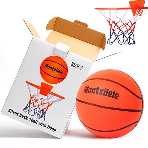 Montxilele Indoor Silent Basketball Size 7 with Hoop (29.5") – Airless Foam Ball for Quiet Indoor Dribbling, Ships Uncompressed, Foldable Wall-Mounted Hoop with Adhesive Mount, No Drilling - Image 1