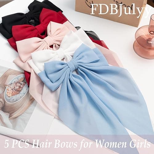 Hair Bows for Women & Girls: Big Bow Clips with Ribbons - Bow-Knot Clips for Thick & Thin Hair, Nonslip Claw Clips, 5 PCS thumbnail 8