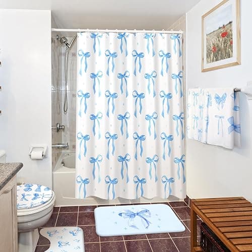 Honeydak 8 Pcs Blue Bow Shower Curtain Set Coquette Blue Bow Bathroom Decor Set Cute Aesthetic Bathroom Curtain with 12 Hooks Anti-Slip Rug Toilet Lid Cover Bath Mat and Towels for Women Home Bath thumbnail 6