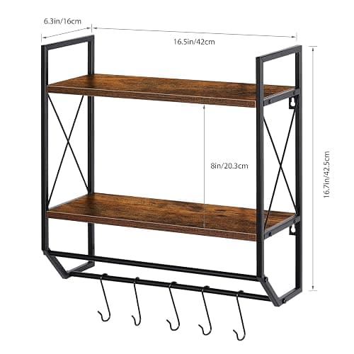 Bathroom Towel Rack 2 Tier Wall Shelf with Towel Bar, Rustic Towel Rack with Shelf for Wall Storage Shelves with Hooks Over Toilet Shelf Wall Mounted Towel Holder Shelf Floating Shelves for Home Brown thumbnail 3