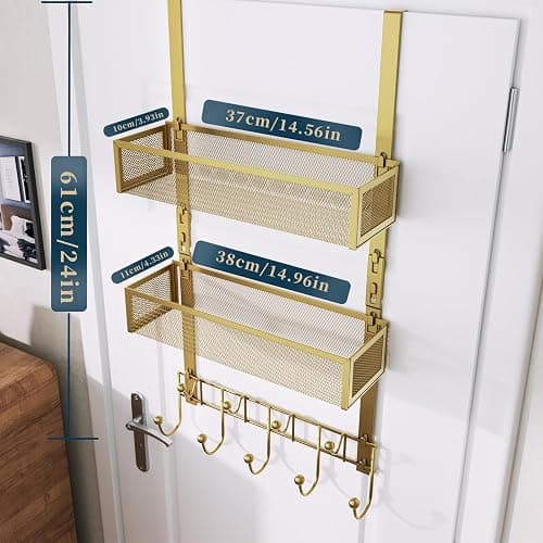 Consumest Over The Door Hooks Organizer - 3 Tier Door Hanger with 9 Coat Hooks & 2 Mesh Basket, Back Storage Organizer Hanging Towels for Bathroom, Bedroom, Gold thumbnail 3