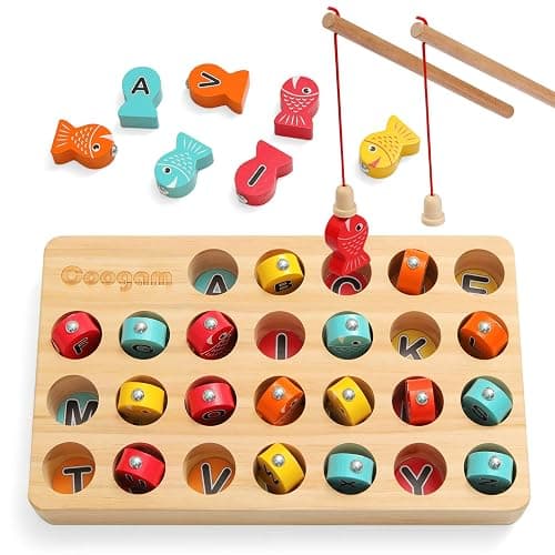 Coogam Wooden Magnetic Fishing Game, Fine Motor Skill Toy ABC Alphabet Color Sorting Puzzle, Montessori Letters Cognition Preschool Gift for Years Old Kid Early Learning with 2 Pole - Image 1