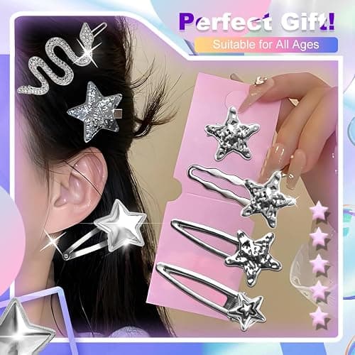 22 Pcs Silver Hair Clips Metal Star Barrettes, 13 Shapes Hairpin Barrettes, Goth Hair Pins Set, Punk 2000s Hair Accessories for Women and Girls Styling Star Hairpin (22 PCS) thumbnail 6