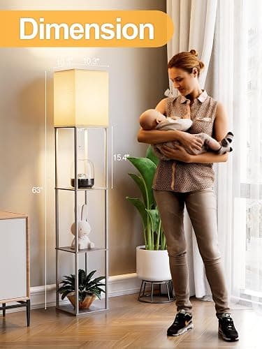Floor Lamp with Shelves for Living Room 2 Pack Oak Gray, Shelf Floor Lamp with 3 CCT LED Bulb, Corner Display Standing Column Lamp Etagere Organizer Tower Nightstand with White Linen Shade for Bedroom thumbnail 4