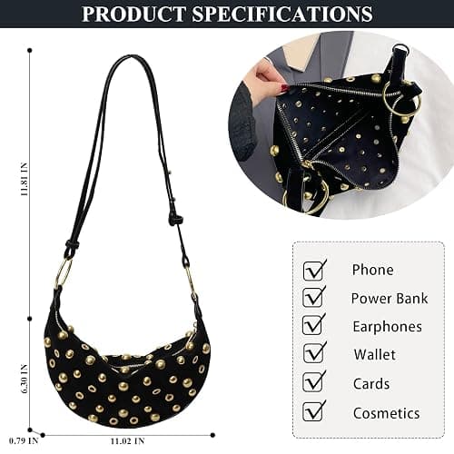 OWGSEE Studded Purse Trendy Studded Handbag Hobo Crescent Bags Y2K Shoulder Bag Suede Purses for Women thumbnail 4