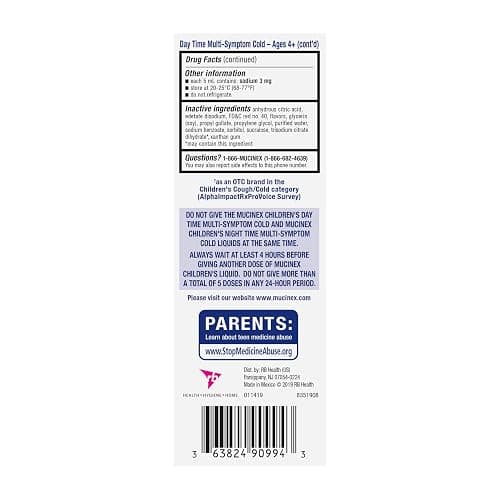 Mucinex Cold & Cough, Children's Multi-Symptom Day/Night Liquid, Very Berry, 8oz (2x4oz) Relieves Nasal & Chest Congestion, Thins & Loosens Mucus, Controls Cough, Reduces Fever, Soothes Sore Throat | For Ages 4+, Guaifenesin, Dextromethorphan HBr, Diphenhydramine HCl, Phenylephrine HCl & Acetaminophen, Alcohol-Free thumbnail 7