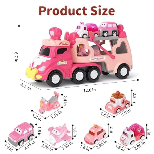 Toddler Girl Truck Toys for 2 3 Year Old Girl Birthday Gifts, 7-in-1 Pink Princess Car Transport Carrier Trucks for Toddlers 2-4, Friction Power Toy Cars with Lights & Music, My daughter First Gift thumbnail 2