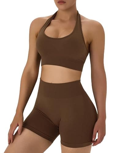 OLCHEE Workout Sets for Women 2 Piece Backless Halter Sports Bra High Waist Booty Shorts Yoga Gym Outfits Lounge Activewear thumbnail 5