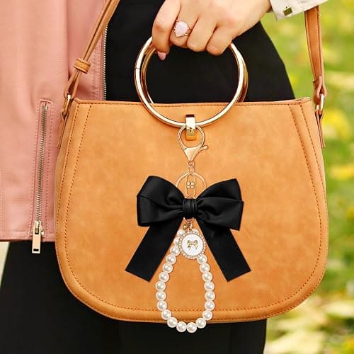 Neptniopllab Bow Keychain Pink Bow Charm Pearl Wristlet Keyring Keychain for Women Purse Bag Charm - Pink+balck-2pcs thumbnail 4