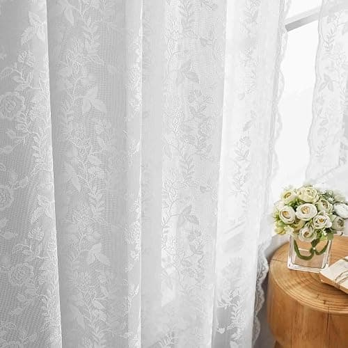 FINECITY White Lace Curtains 84 Inches Long for Living Room, Rustic Leaf Floral Window Lace Curtain Panels, Rod Pocket Vintage Privacy Sheer Lace Curtains, 42 x 84 Inch, 2 Panels, White thumbnail 6