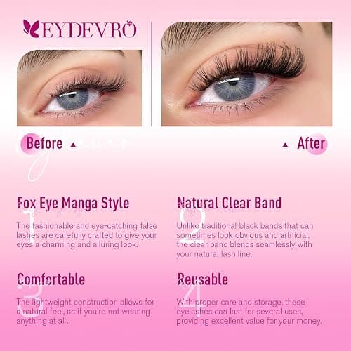 EYDEVRO False Eyelashes Wispy Lashes D Curl Cat Eye Lashes Fluffy Lashes | Clear Band Natural Look Fox Eye Fake Lashes Manga Faux Mink Strip Lashes 7 Pairs Pack thumbnail 3