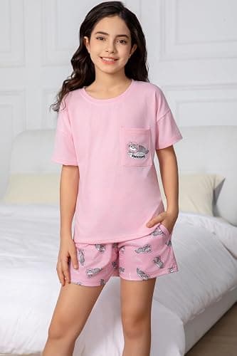 Hupohoi Kids Pajama Sets 3pcs Cartoon Sleepwear Chest Pocket Short Sleeve Top with Shorts Pants Nighty Pjs 6 to 18 Years thumbnail 2