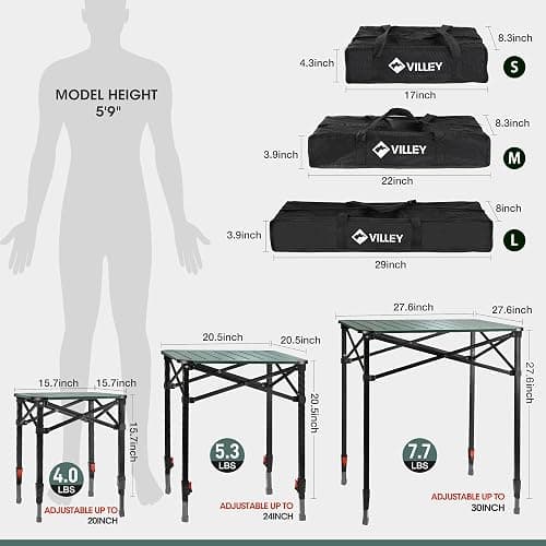 VILLEY Folding Camping Square Table with Carry Bag, Lightweight Aluminum Adjustable Square Table for Outdoor, Camping, Picnic, Backyards, BBQ (L) thumbnail 3