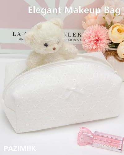 PAZIMIIK Cozy Makeup Bag Small Aesthetic Travel Zipper Cosmetic Pouch for Women Make Up Beauty Accessories Brushes,Embroidery Flower thumbnail 3