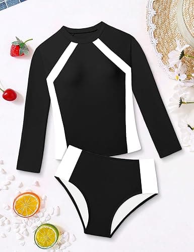 TyeSmo Girls Rash Guard Swimsuit Long Sleeve Swimsuit Color Block Two Piece Bathing Suit for Girls UPF 50+ Padded Swimwear thumbnail 6
