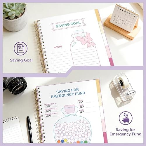 Ospelelf Budget Planner Undated, Money Expense Tracker with Pocket & Stickers, Thick Cardboard Cover, Large Pages for Spacious Writing, Original Fun Colorful Design, 12 Month Financial Notebook, Purple Floral thumbnail 6