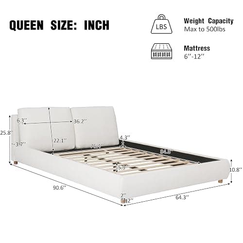 BEDGJH Cozy Queen Size Upholstered Platform Bed Frame with 2 Removable Pillow Headboards, Boucle Fabric, Perfect for Minimalist Bedrooms (White, Queen) thumbnail 2