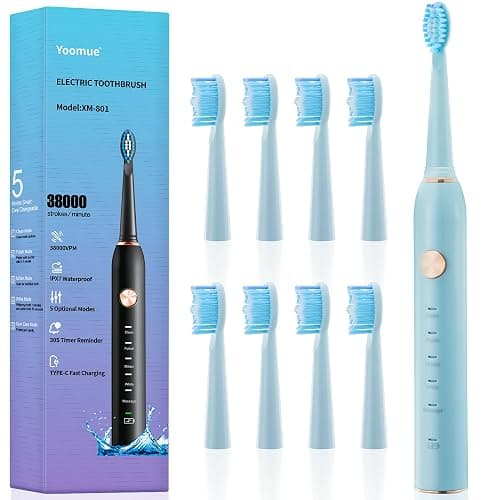 Yoomue Sonic Electric Toothbrush for Adults & Kids - 5 High-Performance Modes, 8 Replacement Heads, 2.5-Hour Fast Charge, Built-in Smart 2-Minute Timer, IPX7 Waterproof, 35Day Battery Life Light Blue - Image 1