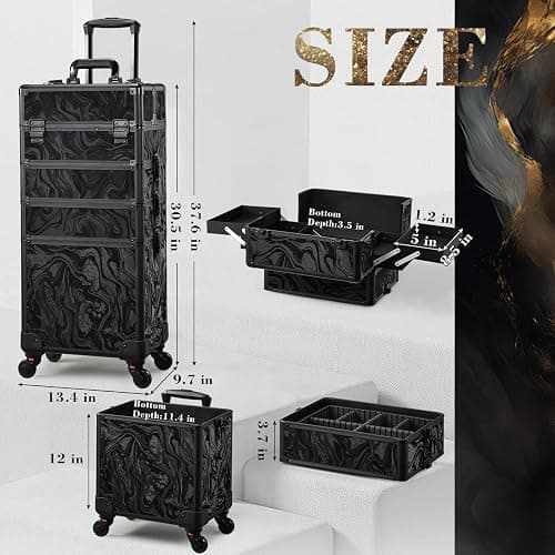 Stagiant Rolling Makeup Case Cosmetology Case on Wheels 4 in 1 Makeup Travel Case Extra Large Cosmetic Box with Key Make Up Artist Traveling Storage Nail Case Salon Barber Cart Trunk Alpine Black thumbnail 6