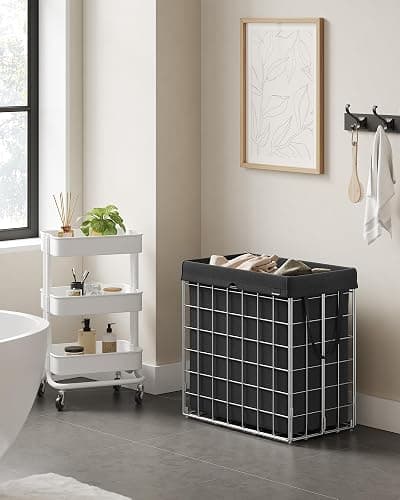 SONGMICS 29 Gal. (110L) Laundry Basket, Laundry Hamper, Collapsible Clothes Hamper, Removable and Washable Liner, Metal Wire Frame, for Bedroom Bathroom, Silver and Classic Black ULCB111B01 thumbnail 4