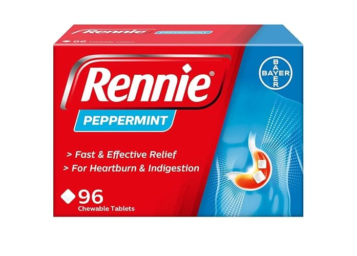 Rennie Peppermint Antacid Chewable Tablets, Heartburn Indigestion, 96 Pack | For Heartburn And Indigestion, Chewable Tablets, Neutralise Excess Stomach Acid, With Calcium Carbonate & Magnesium Carbonate - Image 1