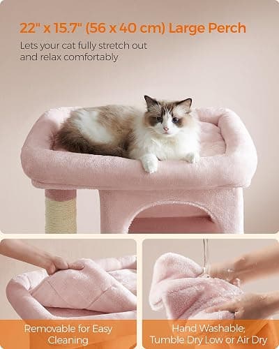 Feandrea Cat Tree, 33.1-Inch Cat Tower, Plush Condo for Large Cats up to 16 lb, Large Perch, 2 Caves, Scratching Post, Jelly Pink UPCT061P01 thumbnail 3