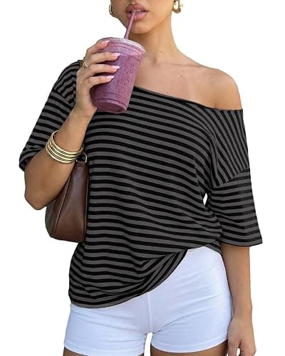 Cioatin Women Oversized Off Shoulder Striped Tee Tops Y2K Aesthetic Clean Fit Short Sleeve Tshirt Pullover Preppy Going Out - Image 1