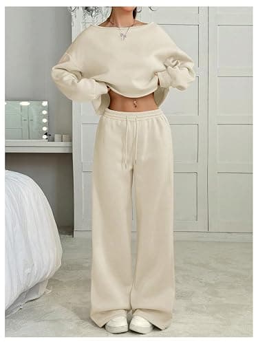 SOLY HUX Women's 2 Piece Outfits Fall Sweatsuits Off The Shoulder Crop Top Wide Leg Sweatpants Casual Matching Lounge Sets thumbnail 3