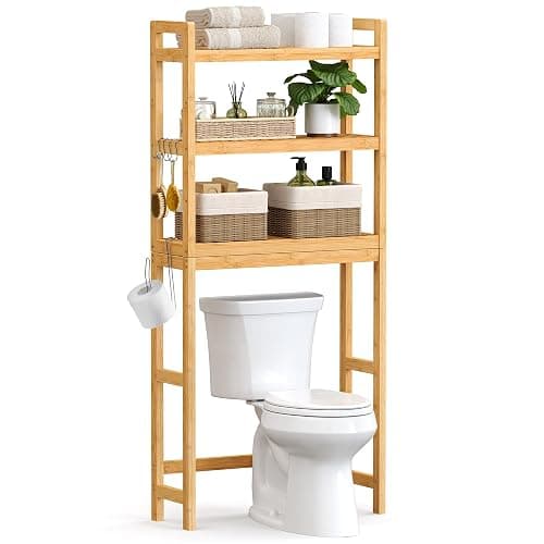 SONGMICS Over The Toilet Storage, 3-Tier Over Toilet Bathroom Organizer with Adjustable Shelf, 10.2 x 24.8 x 66.9 Inches, Space-Saving, Natural Beige UBTS001N01 - Image 1