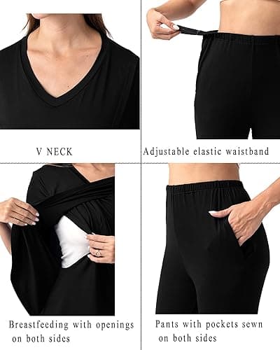 Rnxrbb V Neck Nursing Pajamas Set 3 Pack Postpartum Pjs Breastfeeding Sleepwear for Women Double Layer with Pockets - Medium - Black thumbnail 4
