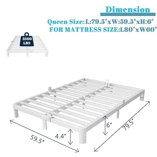 KOSOSO Queen Bed Frame 6 Inch White, Metal Bed Frame Queen Size with Gaskets, No Box Spring Need, Heavy Duty Steel Platform Support, Round Corner Design, Noiseless, Easy Assembly thumbnail 2