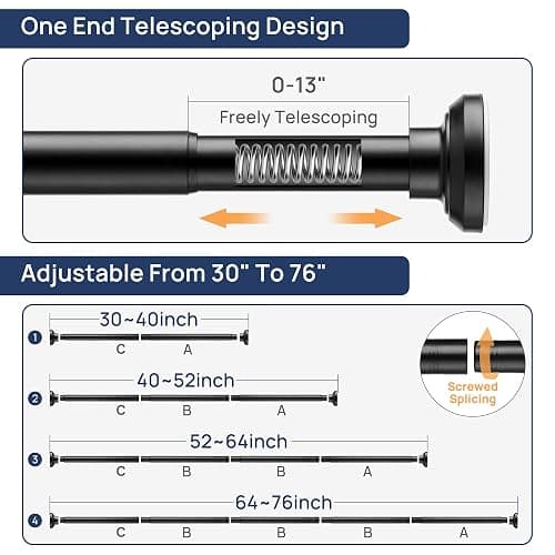Matte Black Shower Curtain Rod Tension 30 to 76 Inches Never Rust Non-Slip Spring Tension Shower Rod No Drilling Stainless Steel Curtain Pole Use Bathroom, Closet, Window, Room Divider thumbnail 7