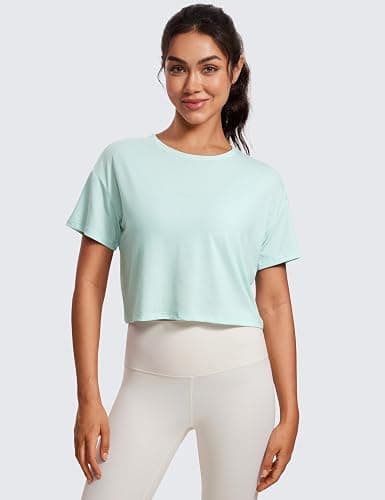 CRZ YOGA Open Back Short Sleeve Crop Top for Women Loose Athletic Yoga Workout Shirts Casual Cropped T-Shirts thumbnail 2