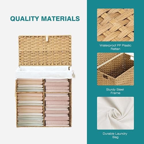 DUMOS Wicker Laundry Basket with Lid, 110L Woven Laundry Hamper with Handles, Foldable Rattan Clothes Hamper with Removable Liner & Sturdy Steel Frame, Goose Yellow thumbnail 7